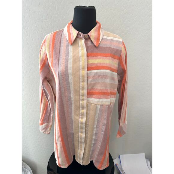SOFT SURROUNDINGS | Petite Striped Button Front Top Cotton Long Sleeve | Large - Picture 2 of 6